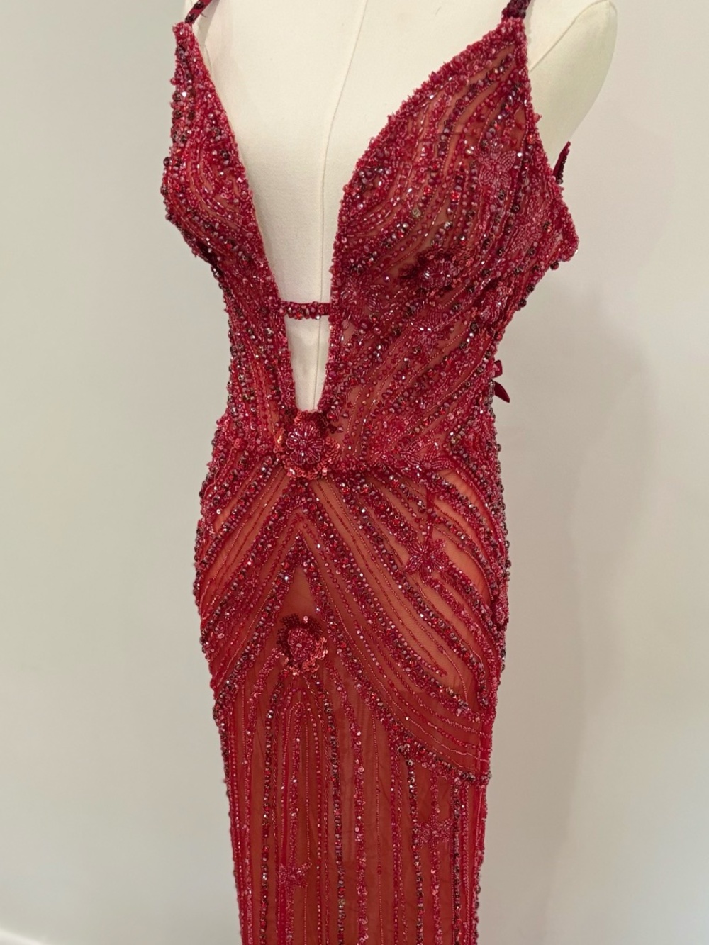 Red Crystal-Embellished plunge Gown